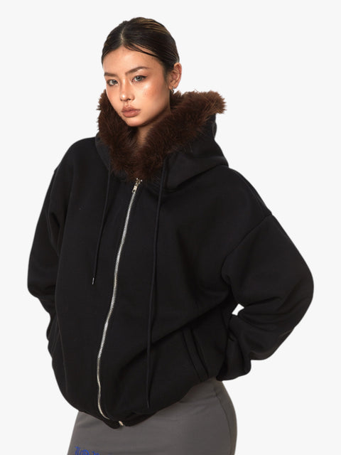 GKIKZ RETRO FUR COLLAR HOODED CARDIGAN