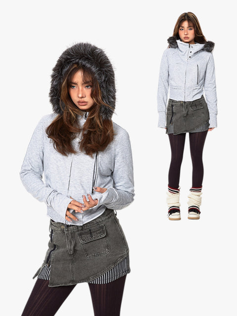 GKIKZ SLIGHT TIGHT FUR COLLAR HOODED CARDIGAN