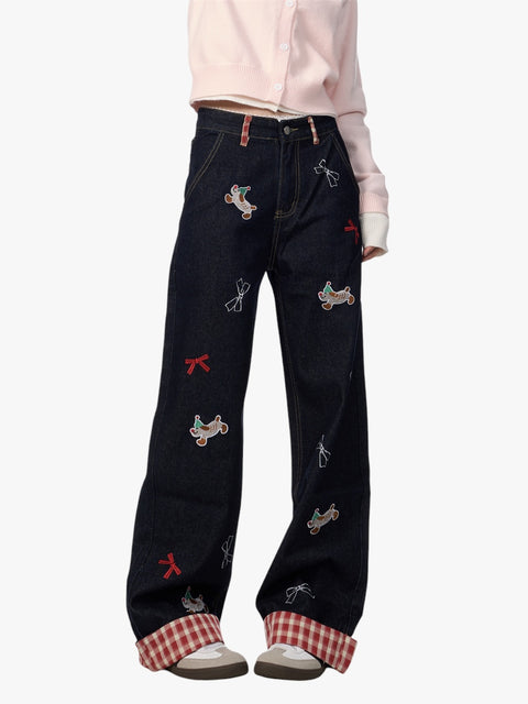 GKIKZ PLAYFUL DACHSHUND BOW WIDE-LEG HIGH WAIST JEANS