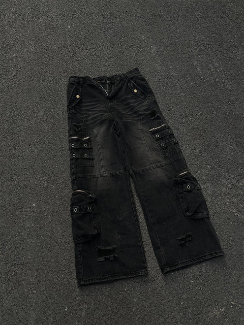 Heavy Duty Multi-Pocket Distressed Baggy Jeans