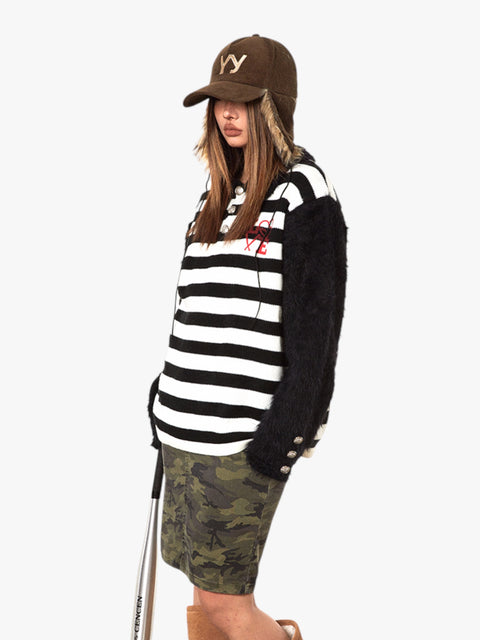 GKIKZ RETRO CONTRAST RAGLAN STRIPED POLO COLLAR SWEATER