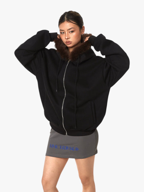 GKIKZ RETRO FUR COLLAR HOODED CARDIGAN