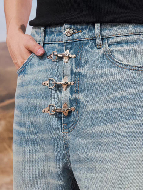 Azure Bloom Buckle-Lock Wide-Leg Denim