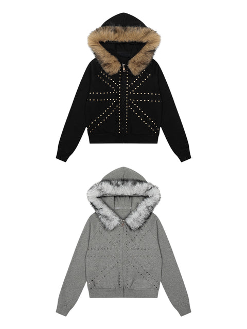 GKIKZ 🇬🇧 STUDDED FUR HOODED ZIP-UP