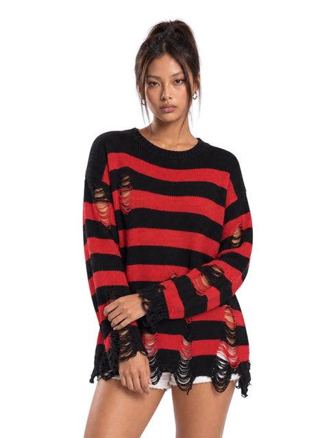 Static Stripe Distressed Knit Sweater
