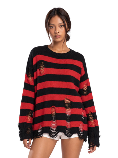 Static Stripe Distressed Knit Sweater