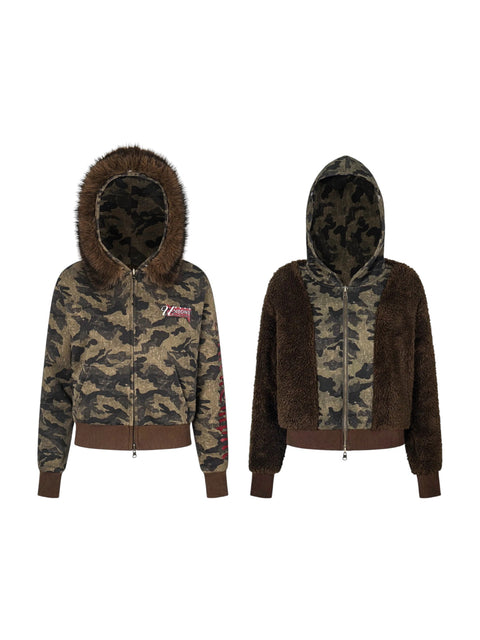 GKIKZ CAMOUFLAGE REVERSIBLE FAUX FUR HOODED JACKET