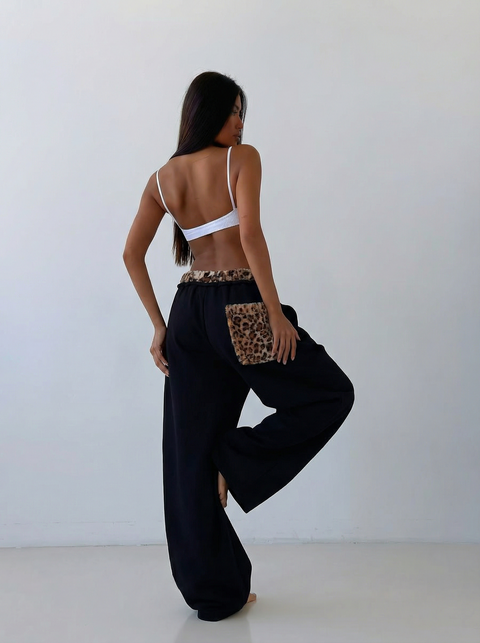 GKIKZ LEOPARD TRIM DOUBLE-WAIST WIDE-LEG SWEATPANTS