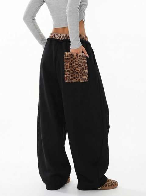 Leopard Trim Double-Waist Wide-Leg Sweatpants