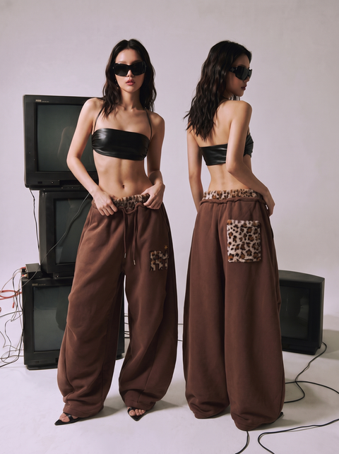 Leopard Trim Double-Waist Wide-Leg Sweatpants