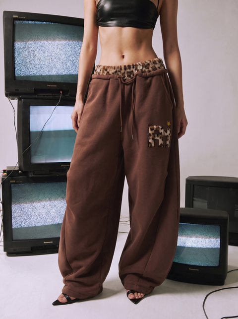 Leopard Trim Double-Waist Wide-Leg Sweatpants