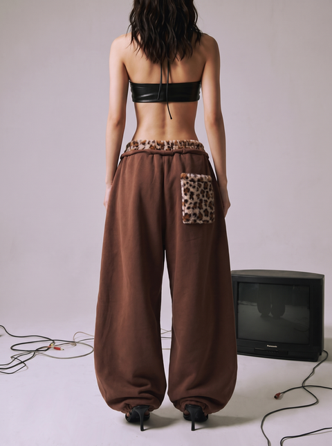 Leopard Trim Double-Waist Wide-Leg Sweatpants