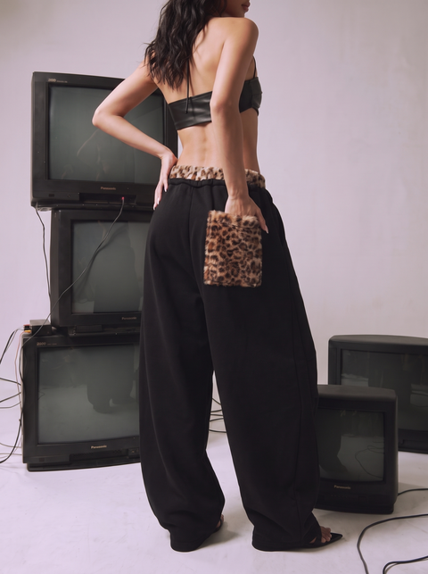 Leopard Trim Double-Waist Wide-Leg Sweatpants