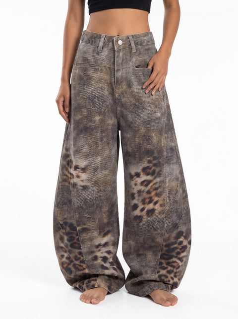 Distressed Leopard Wide-Leg Denim
