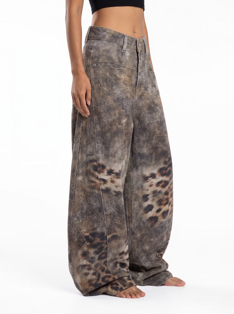 Distressed Leopard Wide-Leg Denim