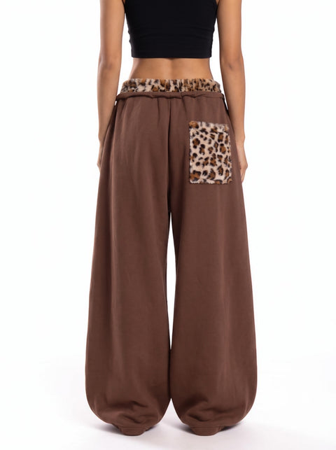 Leopard Trim Double-Waist Wide-Leg Sweatpants