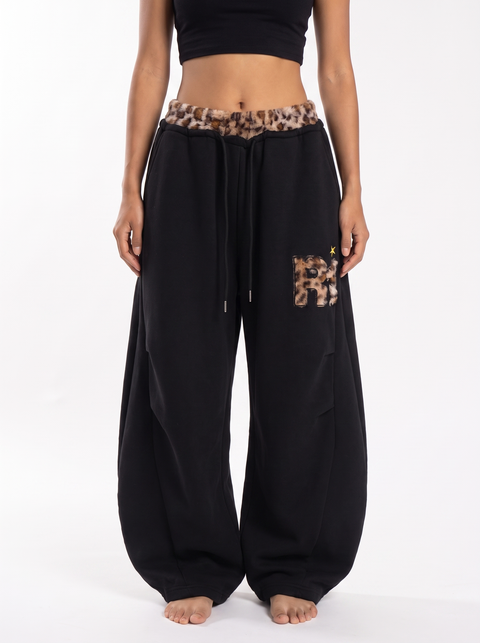 Leopard Trim Double-Waist Wide-Leg Sweatpants