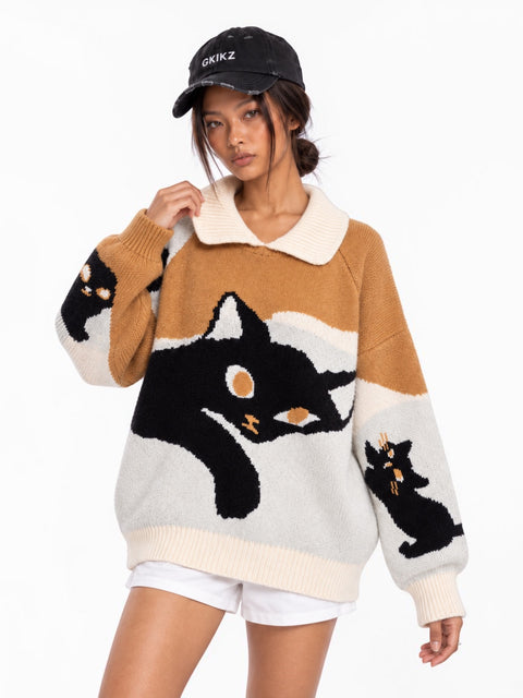 Midnight Cat Colorblock Knit Sweater