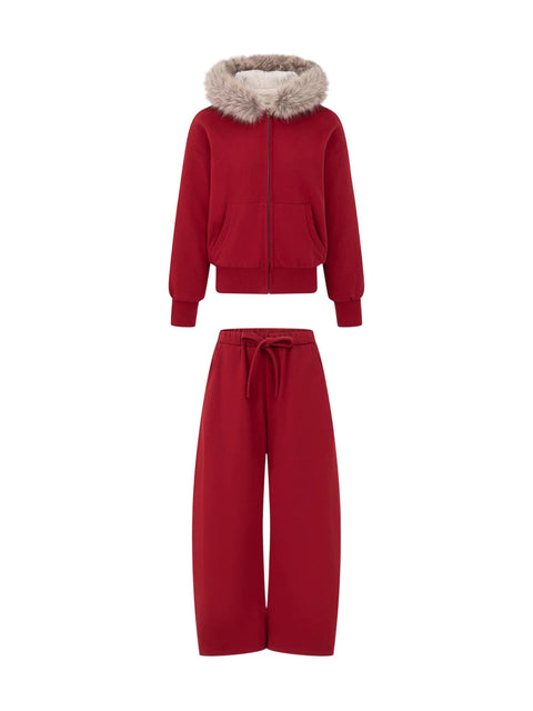 Fur-Hooded Cotton Street Set – Brick Red Full Body Set
