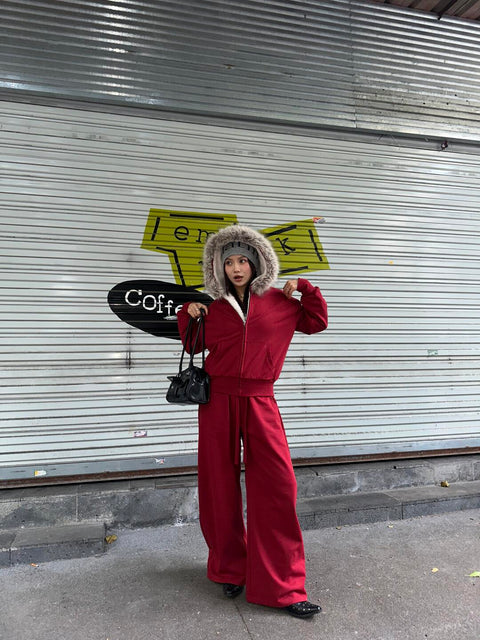 Fur-Hooded Cotton Street Set – Brick Red Full Body Set