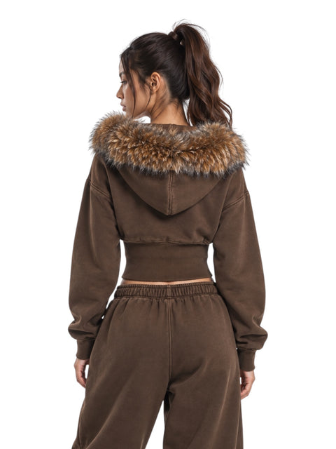 Sable Fur-Trim Cropped Hoodie Set