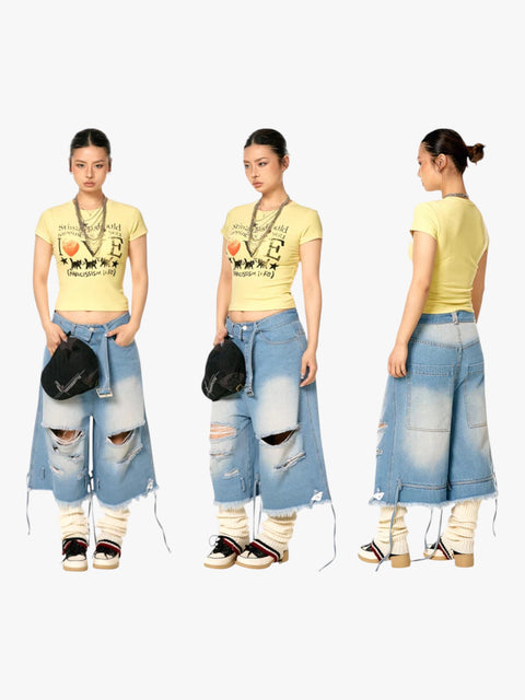 GKIKZ DISTRESSED DENIM BERMUDA JORTS