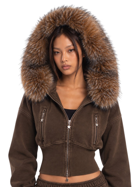 Sable Fur-Trim Cropped Hoodie Set