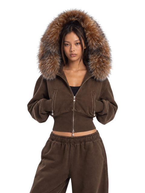 Sable Fur-Trim Cropped Hoodie Set
