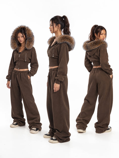 Sable Fur-Trim Cropped Hoodie Set