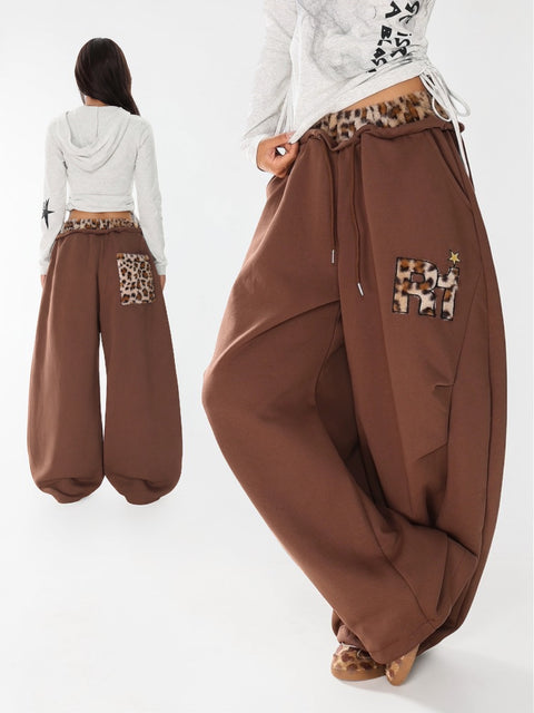 GKIKZ LEOPARD TRIM DOUBLE-WAIST WIDE-LEG SWEATPANTS