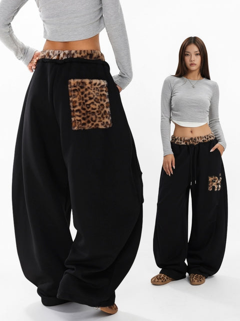 GKIKZ LEOPARD TRIM DOUBLE-WAIST WIDE-LEG SWEATPANTS