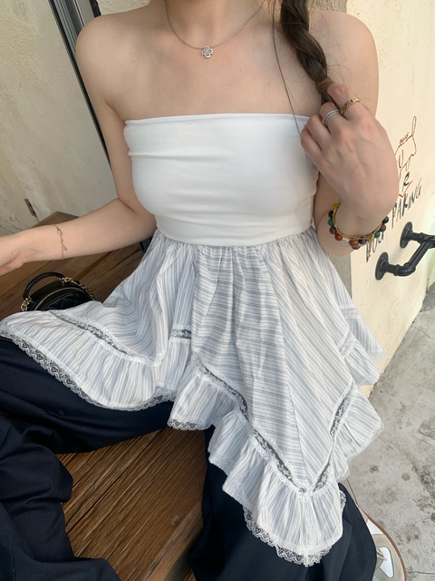 GKIKZ LACE TRIMMED HANDKERCHEIF PEPLUM TUBE TOP