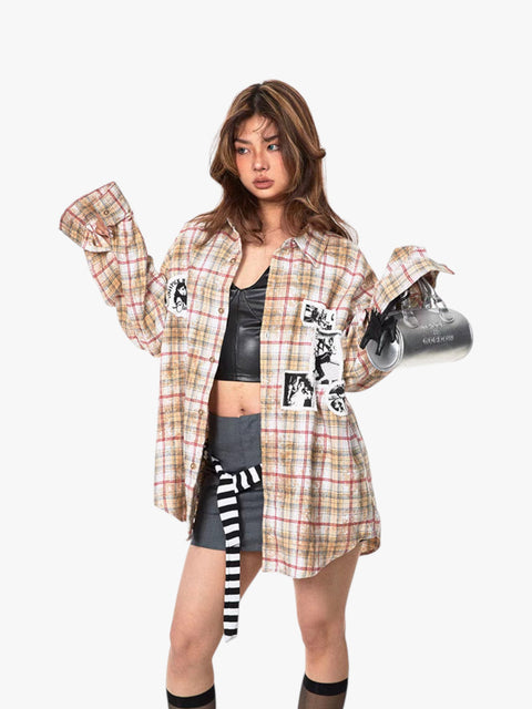 GKIKZ "EXUDES A REBILLIOUS" BRUSHED PRINTED PLAID OVERSIZED SHIRT