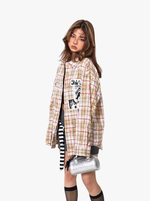GKIKZ "EXUDES A REBILLIOUS" BRUSHED PRINTED PLAID OVERSIZED SHIRT