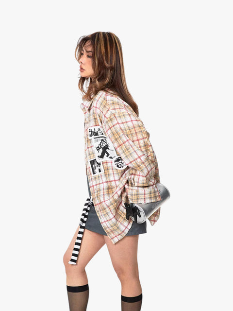 GKIKZ "EXUDES A REBILLIOUS" BRUSHED PRINTED PLAID OVERSIZED SHIRT
