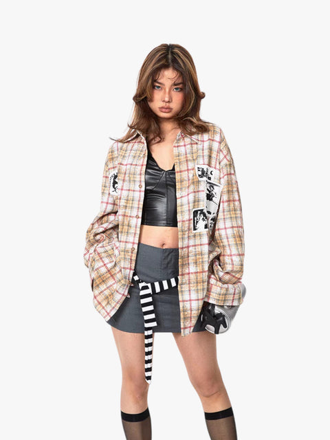 GKIKZ "EXUDES A REBILLIOUS" BRUSHED PRINTED PLAID OVERSIZED SHIRT