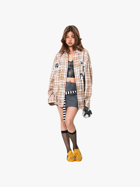 GKIKZ "EXUDES A REBILLIOUS" BRUSHED PRINTED PLAID OVERSIZED SHIRT