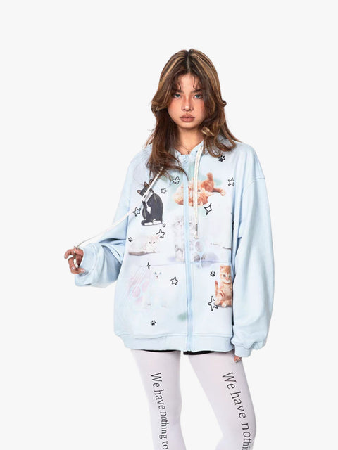 GKIKZ RETRO CAT'S IN SPACE SWEAT HOODED ZIPPER