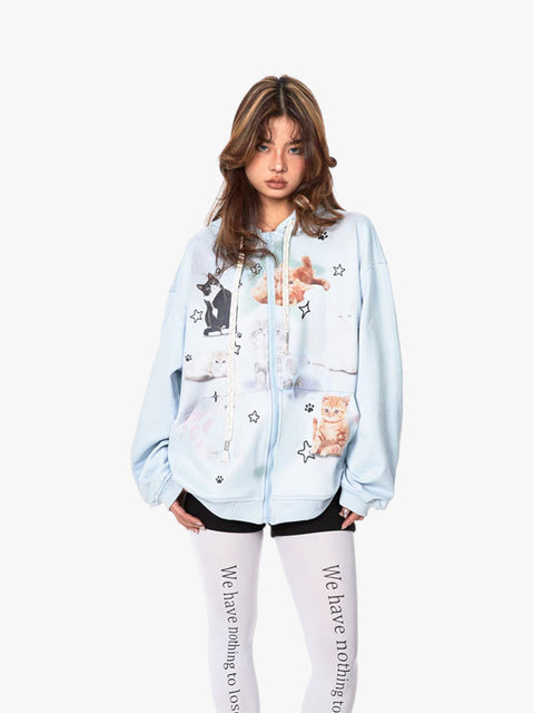 GKIKZ RETRO CAT'S IN SPACE SWEAT HOODED ZIPPER