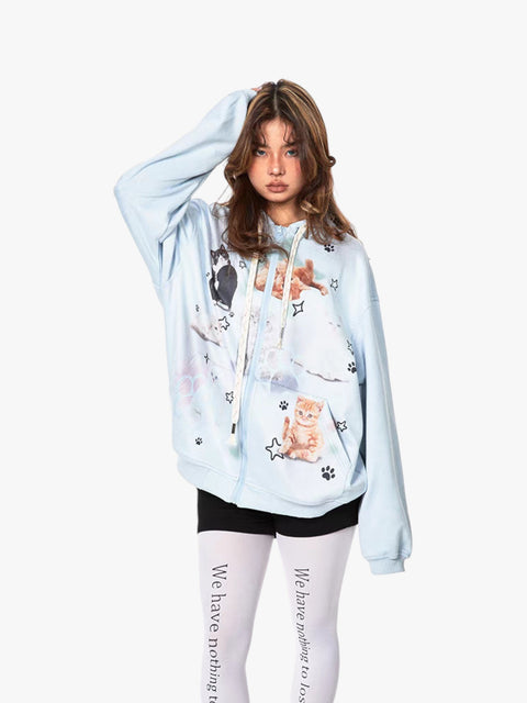 GKIKZ RETRO CAT'S IN SPACE SWEAT HOODED ZIPPER