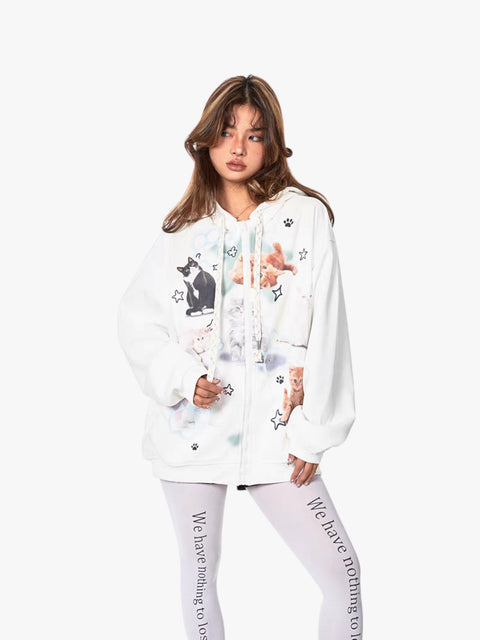GKIKZ RETRO CAT'S IN SPACE SWEAT HOODED ZIPPER
