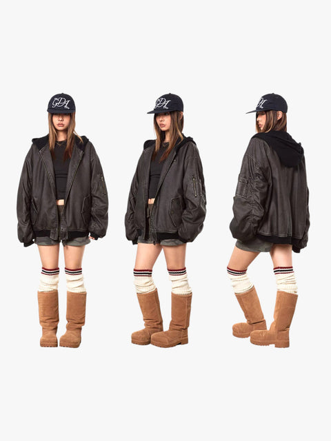 GKIKZ OLD WASHED LEATHER COTTON PADDED JACKET