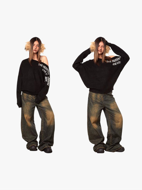 GKIKZ OFF-SHOULDER ASYMMETRIC SWEATER