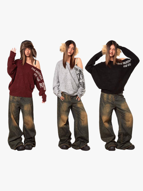 GKIKZ OFF-SHOULDER ASYMMETRIC SWEATER