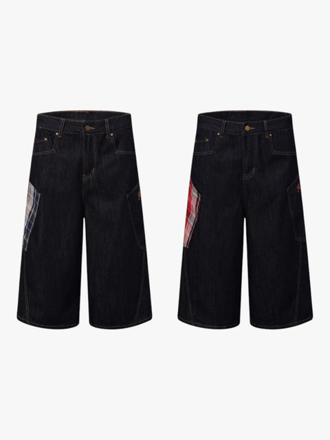 GKIKZ PLAID PATCHWORK WIDE-LEG DENIM SHORTS