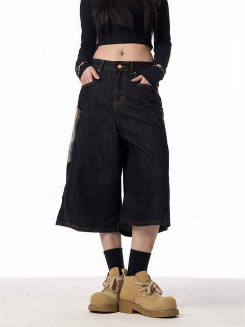 GKIKZ PLAID PATCHWORK WIDE-LEG DENIM SHORTS