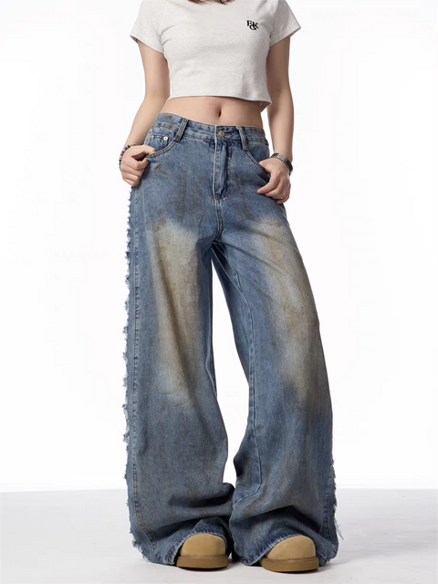 GKIKZ DISTRESSED WIDE-LEG DENIM JEANS