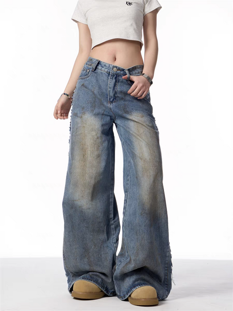 GKIKZ DISTRESSED WIDE-LEG DENIM JEANS
