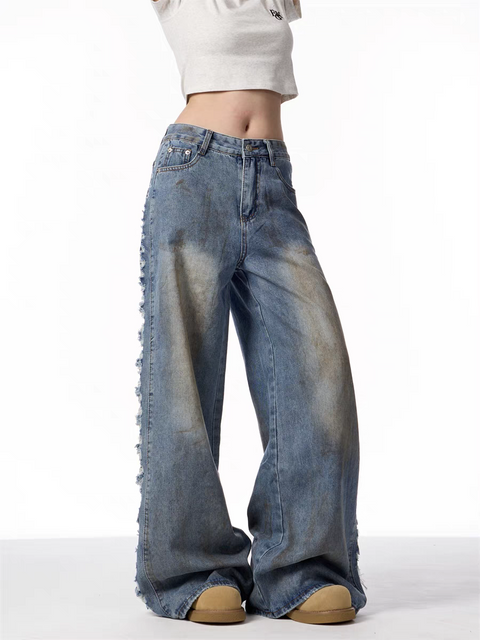GKIKZ DISTRESSED WIDE-LEG DENIM JEANS