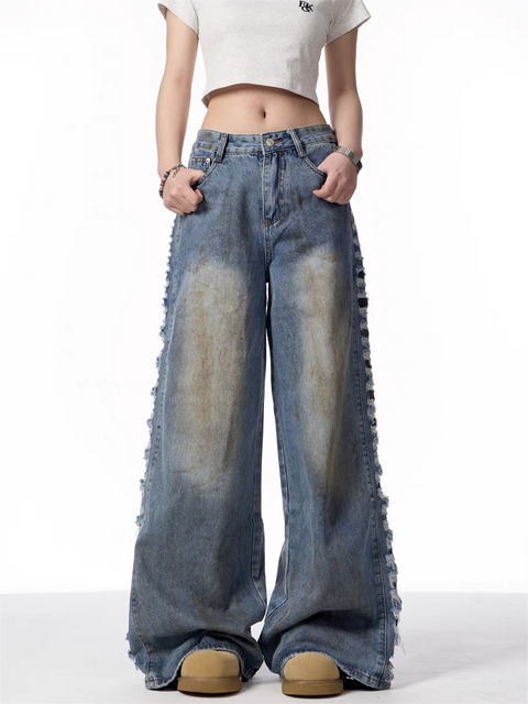 GKIKZ DISTRESSED WIDE-LEG DENIM JEANS